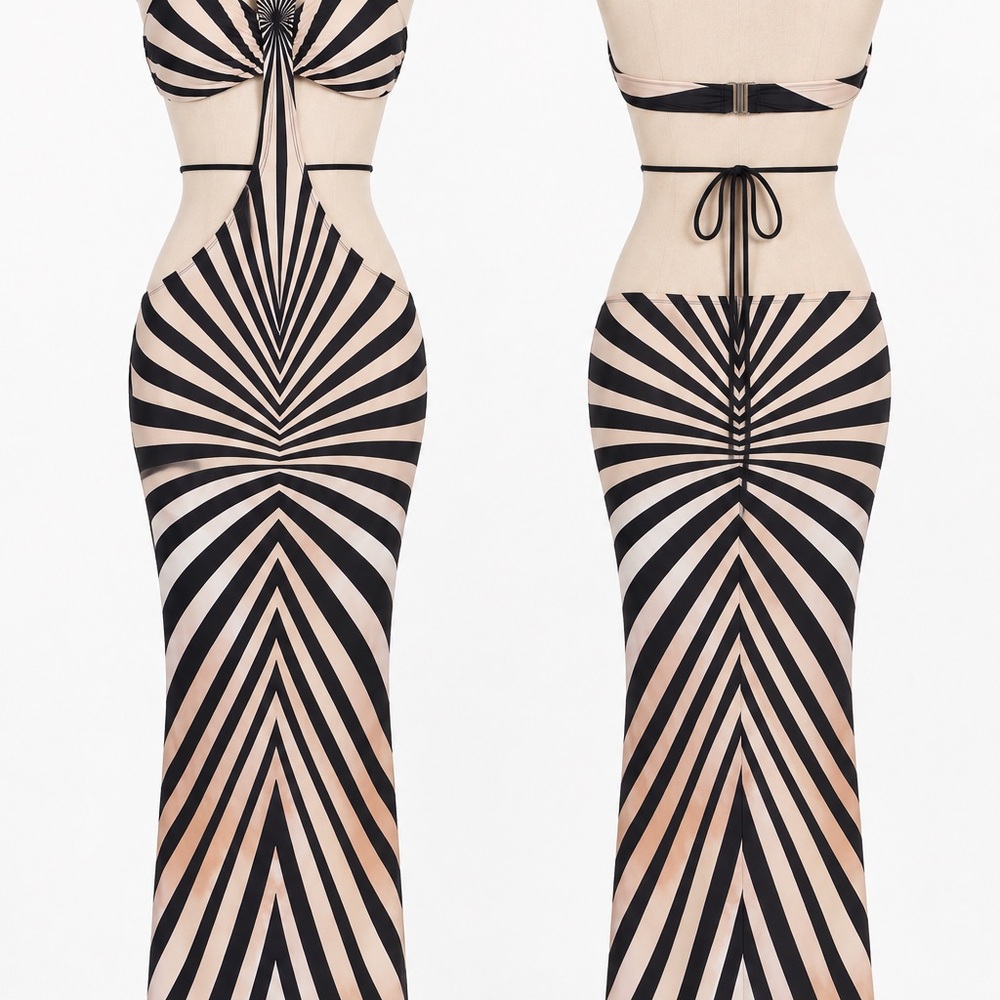 Fashion Nova Black and Nude Optical Stripe Backless Maxi Dress